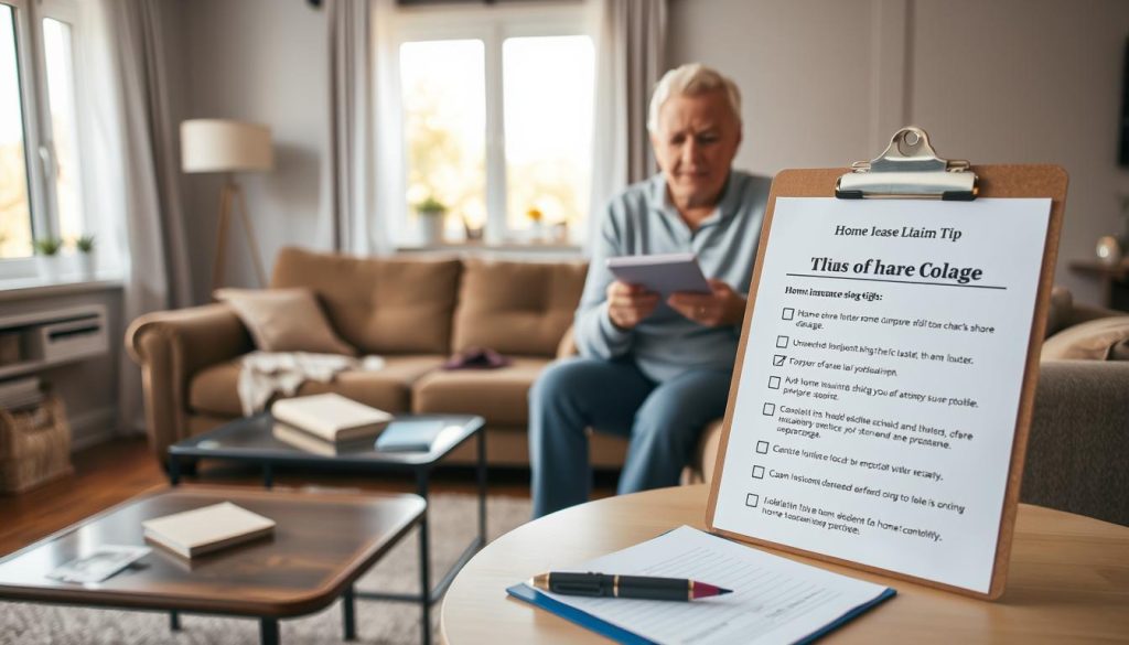 A calm and organized living room after a home damage incident, featuring an elderly couple thoughtfully inspecting their damaged furniture while taking notes. In the foreground, a clipboard with a checklist of home insurance claim tips is visible on a small table, with a pen beside it, representing immediate steps to take. The middle ground shows a cozy sofa with minor water damage, a few scattered items, and a window letting in warm, soft natural light to create a reassuring atmosphere. In the background, a well-maintained house interior with neutral colors adds warmth and stability. The mood is proactive and supportive, emphasizing the importance of organization and preparation in the claims process. The composition showcases the couple in modest casual clothing, representing a professional yet approachable vibe.