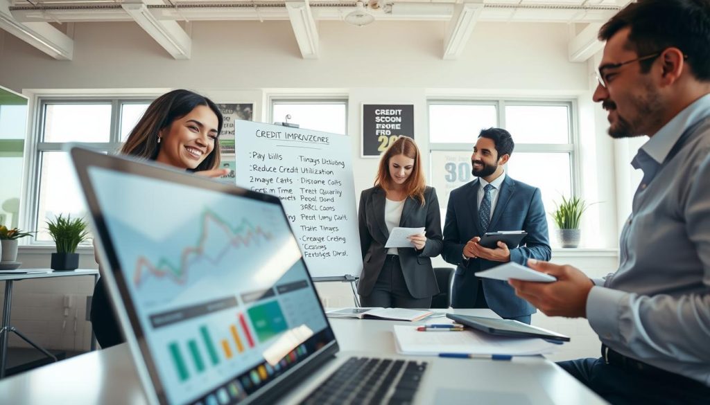 A clean and modern workspace featuring a diverse group of professionals, dressed in business attire, discussing credit score improvement tips. In the foreground, a close-up of a laptop screen displaying graphs and credit score metrics. To the left, a woman pointing at the screen enthusiastically, and to the right, a man taking notes on a notepad. In the middle ground, a whiteboard filled with bullet points of credit improvement strategies, like "Pay bills on time" and "Reduce credit utilization." The background shows a bright, well-lit office with motivational posters about financial success. Natural sunlight streams through large windows, creating a productive and hopeful atmosphere, emphasizing teamwork and proactive financial planning.