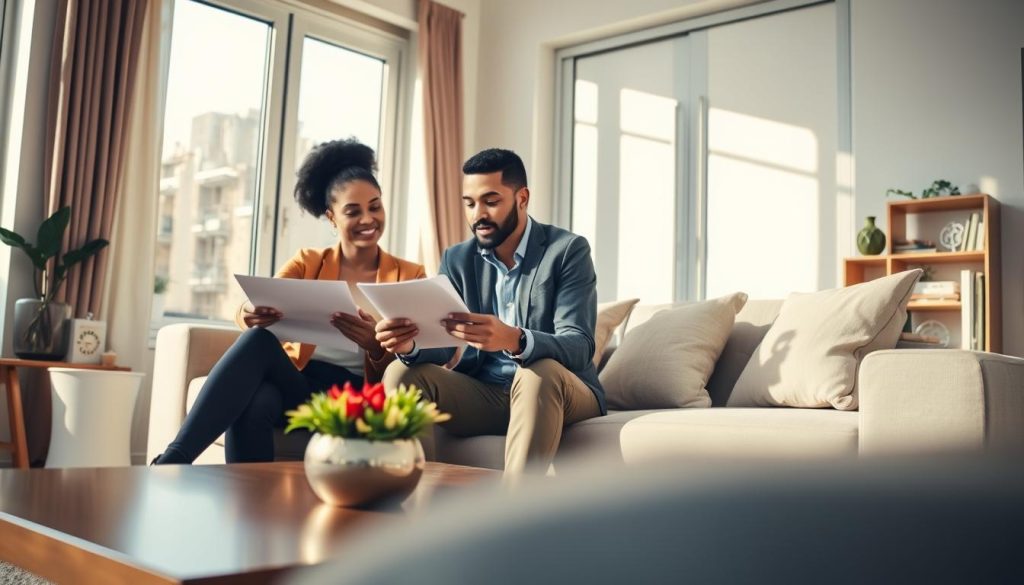 A cozy rented living room scene showcasing the benefits of renters insurance. In the foreground, a diverse, professional couple sits at a stylish coffee table, reviewing documents and discussing their renters insurance policy. They are dressed in smart casual attire, exuding confidence and security. In the middle, a modern couch adorned with cozy cushions and a small bookshelf featuring personal items symbolizes the protection of personal belongings. In the background, large windows allow natural light to flood the room, illuminating a bright and inviting atmosphere. Soft shadows create a warm, reassuring feeling, suggesting safety and peace of mind. The lens captures the scene from a slightly elevated angle, focusing on the couple's engaged expressions and the cozy decor that reflects their personal style.