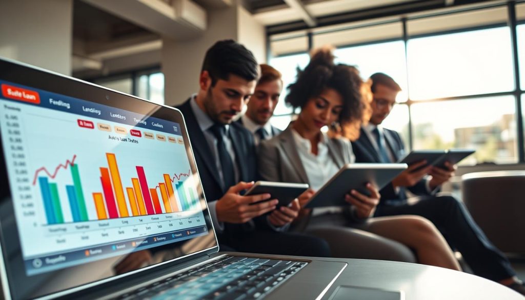A detailed and informative auto loan comparison tool displayed on a sleek digital interface, positioned prominently in the foreground. The user interface features charts showing different car loan rates from various lenders, using distinctive colors for clarity. In the middle ground, a diverse group of professionals, including both men and women in business attire, are intently analyzing the data on tablets and laptops, highlighting a collaborative atmosphere. In the background, an office setting with soft, natural lighting creates a warm and inviting mood. A large window reveals a sunny day outside, contributing to a feeling of optimism and opportunity in finance. The angle is slightly elevated, capturing both the technology and the engagement of the individuals. No text or any branding is visible in the image.