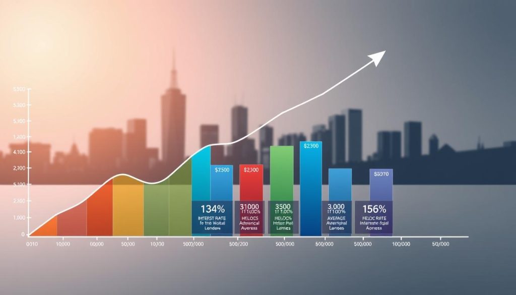 A detailed and professional infographic illustrating current HELOC interest rate trends. In the foreground, a sharp, upward-trending line graph with distinct color-coded sections indicating various interest rate fluctuations over time. In the middle, a stylized bar chart showcases average HELOC rates from multiple lenders, with clear labels and professional design elements. The background features a subtle cityscape silhouette representing a financial hub, complemented by soft lighting to create a modern, engaging atmosphere. The image focuses on clean lines and a polished aesthetic, evoking a sense of professionalism and trust. Use a wide angle to capture the entire scene, ensuring all elements are clearly defined without any text, watermarks, or distracting elements.
