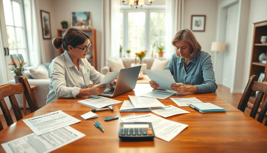 A detailed illustration of the home insurance claim settlement process. In the foreground, depict a professional couple sitting at a wooden dining table, reviewing documents and a laptop, appearing focused and engaged in the process. In the middle ground, show a visual representation of various claim forms, receipts, and a calculator scattered on the table, symbolizing the paperwork involved. The background can feature a cozy living room setting, with a window allowing soft, natural light to illuminate the scene, creating a warm and inviting atmosphere. Use a moderately wide-angle lens to capture the depth of the room, ensuring an organized yet intimate feel, conveying the seriousness of the claim process while also reflecting a sense of hope and progress.