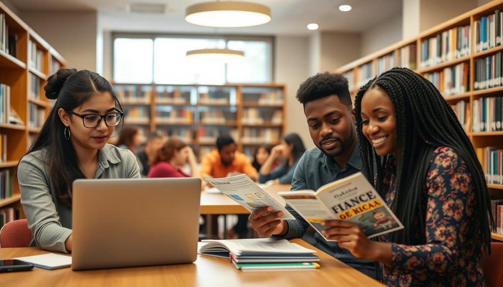A diverse group of international students in a cozy university library, engaged in studying and discussing financial aid options. In the foreground, a South Asian female student in professional attire is reviewing a laptop screen, while a Hispanic male student in casual clothing is taking notes. The middle ground shows a mix of students at tables, with an African student pointing to a pamphlet about student loans, creating a sense of collaboration. The background features bookshelves filled with books about finance and education. Soft, warm lighting enhances the inviting atmosphere, and a wide-angle lens captures the depth of the room, conveying a sense of focus and determination among the students in their pursuit of education.
