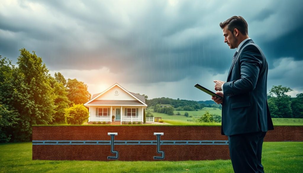 A dynamic scene depicting a professional insurance agent assessing flood risk for a residential property. In the foreground, the agent, dressed in smart business attire, holds a tablet and looks thoughtfully at a house surrounded by lush greenery. In the middle ground, a detailed view of the house's foundation highlights flood barriers and drainage systems, illustrating effective preventative measures. In the background, a serene landscape transitions into a stormy sky, with dark clouds and heavy rain, representing the looming threat of flooding. Soft, diffused natural lighting casts gentle highlights on the property, creating a contrast between safety and vulnerability. The mood is contemplative and proactive, emphasizing the importance of assessing disaster risk for home protection.
