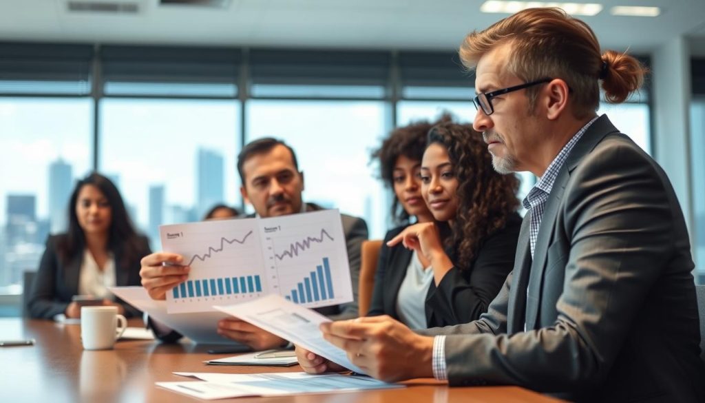 A focused, professional office scene depicting a diverse group of individuals sitting around a conference table, discussing mortgage refinancing options. In the foreground, a middle-aged man in a business suit is reviewing documents with a look of determination on his face. Beside him, a woman in professional attire is pointing at a chart showing declining credit scores, illustrating the challenges of bad credit. The background features a large window with natural light flooding the room, showcasing a city skyline, suggesting opportunity and growth. The atmosphere is serious but hopeful, conveying a sense of teamwork and support in overcoming financial hurdles. The lens captures the scene with a slight depth of field, emphasizing the interaction at the table while keeping the background softly blurred.