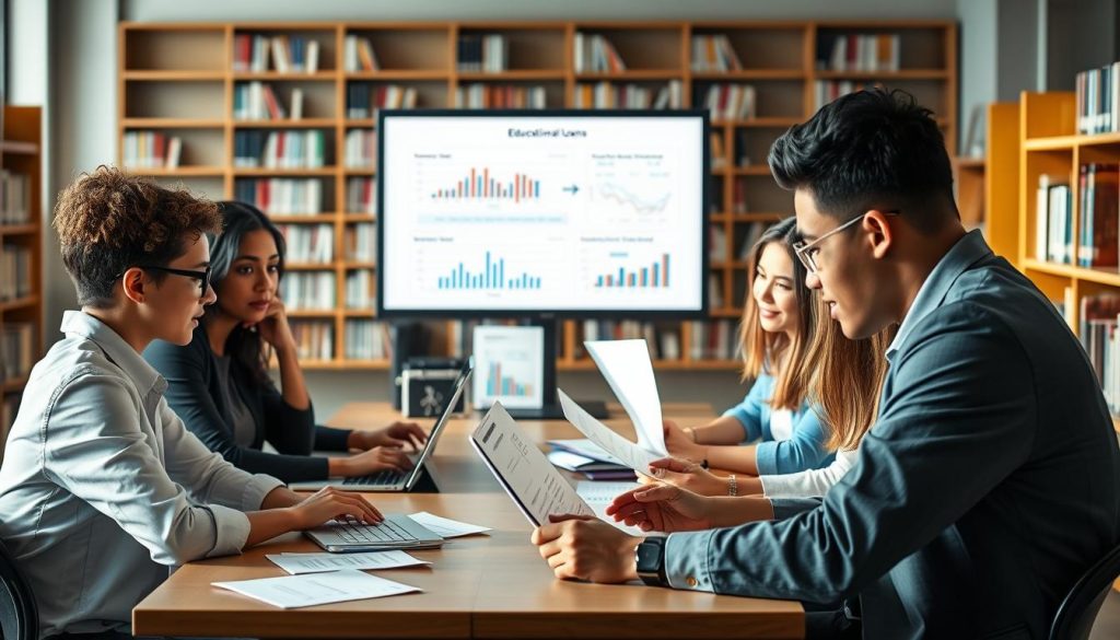 A focused, professional scene illustrating the concept of educational loans for non-US citizens. In the foreground, a diverse group of young adults, dressed in smart casual attire, are seated around a table using laptops and discussing financial documents with serious expressions. In the middle ground, a computer screen displays graphs and charts comparing different loan options, indicating thorough research. The background features a library setting with shelves of books, emphasizing education. Soft, natural lighting illuminates the scene, casting gentle shadows and enhancing the atmosphere of collaboration and determination. A wide-angle lens captures the depth of the space, creating an inclusive and inspiring mood reflecting the journey of international students seeking financial assistance for their educational endeavors.