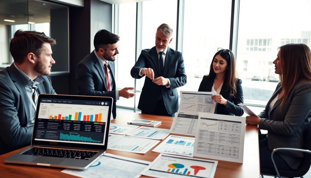 A modern and professional office setting where a diverse group of individuals in business attire are engaged in a lively discussion around a table. On the table, there are printed charts and graphs comparing various auto loan options, illustrated with clear visuals like interest rates, loan terms, and lender logos. The foreground features a laptop displaying a financial dashboard, casting a soft glow. In the middle ground, two individuals are pointing to the comparison charts, emphasizing key points, while a third person takes notes. The background shows a large window with natural light streaming in, creating an inviting atmosphere. The overall mood is focused and collaborative, conveying a sense of professionalism and clarity in evaluating auto loan lenders.