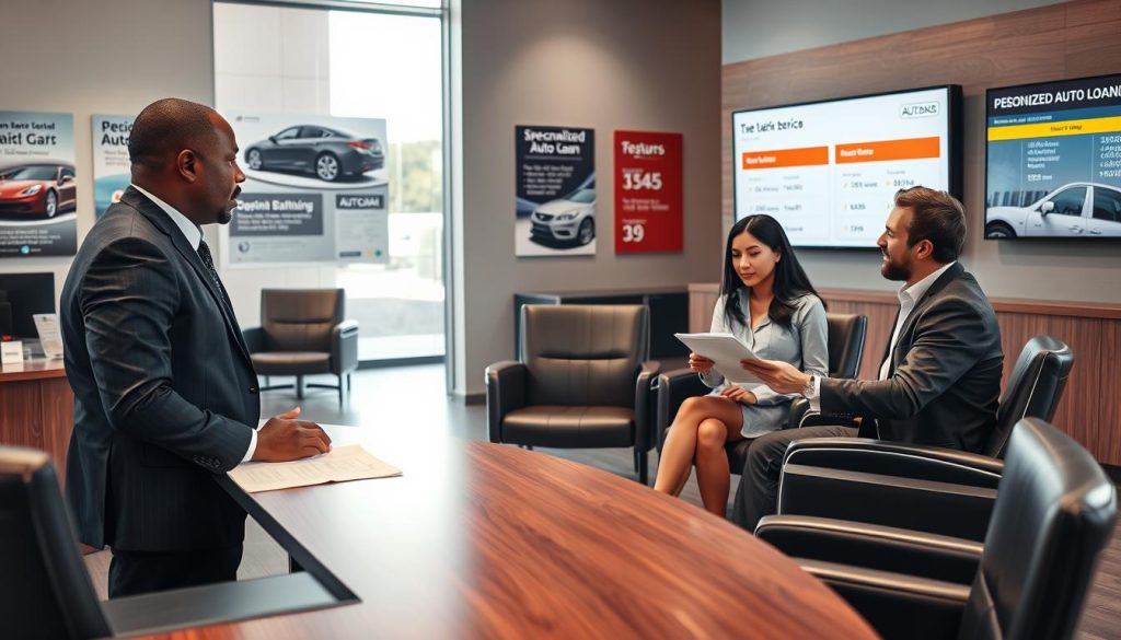 A modern auto loan office interior, showcasing a sleek consultation area with a polished wooden desk and comfortable leather chairs. In the foreground, a professional banker in business attire, a middle-aged Black man, is discussing personalized auto loan options with a couple, a young Hispanic woman and a Caucasian man, who are reviewing documents. In the middle ground, a large window lets in soft, natural lighting, illuminating the space and creating a warm, welcoming atmosphere. Background elements include car posters highlighting specialized auto loan features, and a digital screen displaying interest rates and loan categories. The scene conveys trust, professionalism, and a focus on customer service in a contemporary financial environment.