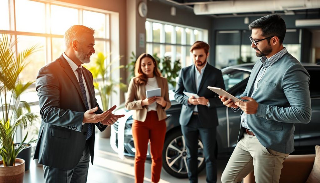 A modern car dealership office featuring a diverse group of three professional individuals engaged in a discussion about car loans. In the foreground, a middle-aged man in a business suit gestures while explaining details about loan options, while a young woman in smart casual wear takes notes, and a man in glasses thoughtfully evaluates a digital tablet. The middle ground showcases a sleek car displayed for sale with a "Second Chance Loans" banner draped across the side. The background includes glass windows that let in soft, warm sunlight, creating an inviting atmosphere. The scene is framed by potted plants and contemporary furnishings, evoking a feeling of hope and possibility in navigating car loans for bad credit. The lighting is well-balanced, highlighting the subjects and enhancing the warm tones throughout the image.