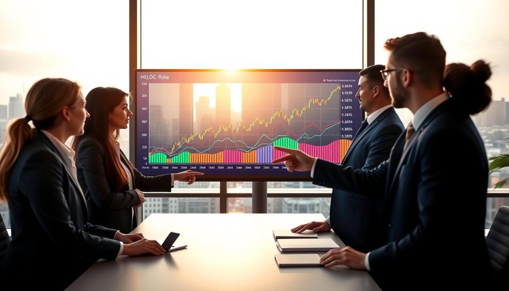 A modern office setting with a large digital screen displaying fluctuating HELOC interest rate trends represented by colorful line graphs and bar charts. In the foreground, a diverse group of professionals in business attire, including a man and a woman attentively discussing the data while pointing at the screen, symbolizing collaboration and analysis. The middle layer features the digital screen with vivid colors and dynamic graphs, while behind them, a large window reveals a city skyline bathed in soft afternoon sunlight, creating a bright and optimistic atmosphere. The composition is from a slightly elevated angle, focusing on the screen and the professionals, highlighting the importance of understanding market trends for securing the best HELOC rates. The overall mood is informative and engaging, emphasizing analysis and strategy in a financial context.