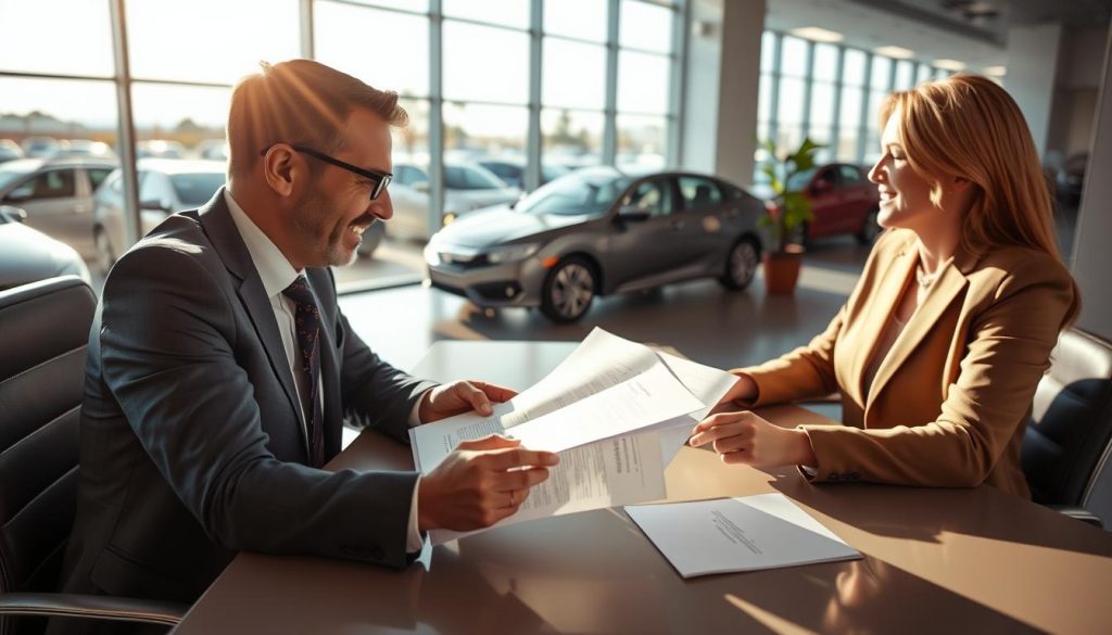 A professional and inviting office environment focused on auto loans, featuring a sleek desk with a financial consultant reviewing a folder of documents. The consultant, dressed in business attire, is engaged in conversation with a prospective car buyer, who appears relaxed and confident. In the background, a large window reveals a sunny day, with cars visible on a dealership lot. Soft, warm lighting bathes the scene, creating a positive atmosphere. A close-up perspective captures both the detailed paperwork and the friendly expressions of the individuals. The overall mood conveys trust, professionalism, and optimism, emphasizing the pursuit of securing low-interest auto loans.