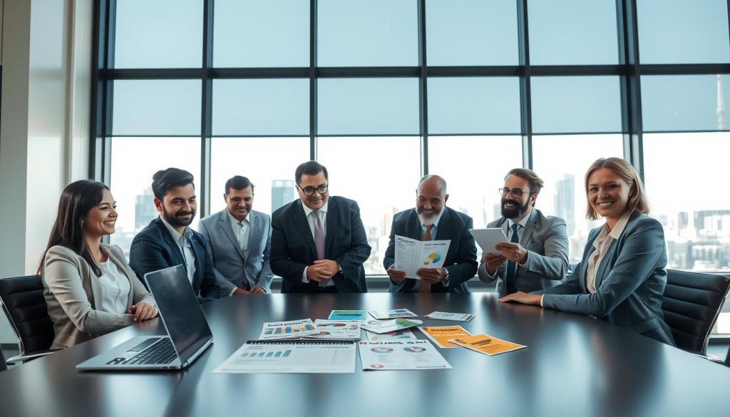 A professional and modern workspace setting, featuring a diverse group of individuals in business attire sitting around a sleek conference table, engaged in a discussion about travel insurance plans. The foreground includes a laptop displaying a comparison chart of various travel insurance options, with graphs and key features clearly visible. In the middle, there are colorful brochures and documents spread out, highlighting coverage details and cost comparisons. The background shows a large window with a view of a city skyline, letting in natural light that creates a bright and inviting atmosphere. The overall mood is focused and informative, conveying collaboration and decision-making. The image should have a wide-angle shot, emphasizing the teamwork aspect of comparing and purchasing travel insurance.