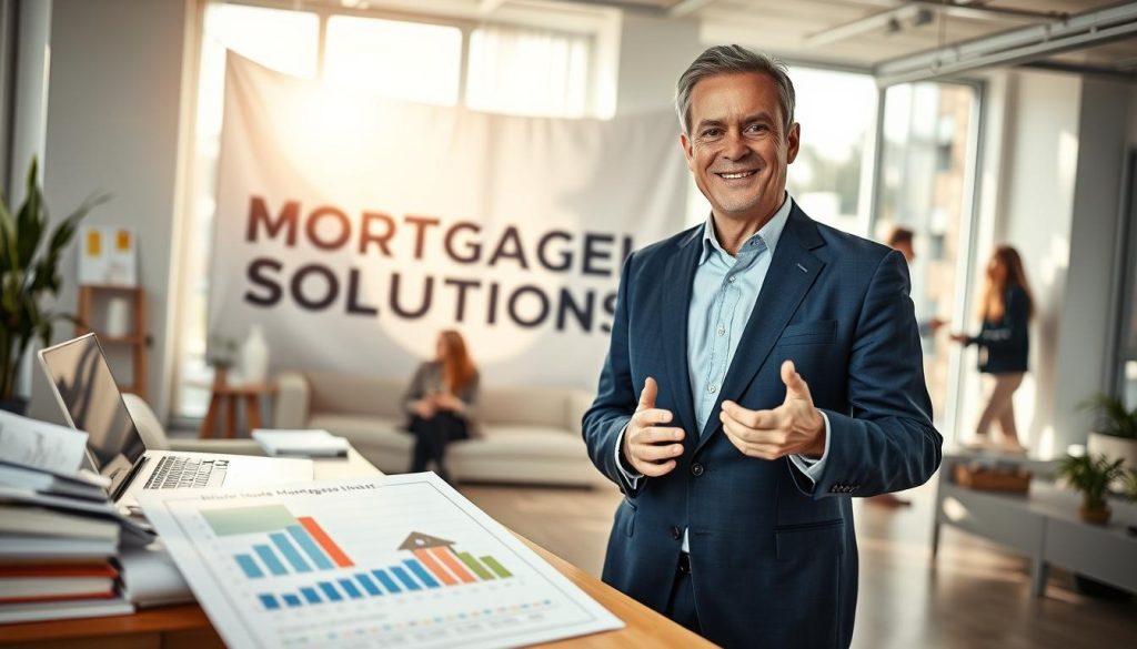 A professional-looking mortgage lender in a bright, modern office environment, standing confidently next to a desk stacked with paperwork and a laptop. The lender, a middle-aged person wearing a sharp navy suit, has a welcoming expression, gesturing towards a large banner displaying a “Mortgage Solutions” sign in the background. Soft natural light streams through large windows, creating a warm and inviting atmosphere. In the foreground, there are documents with graphs and charts illustrating credit scores, while the middle ground shows a cozy seating area with potential clients engaging in conversation. The overall mood is optimistic and approachable, emphasizing the concept of securing a mortgage despite bad credit. The image is captured from a slightly lower angle to convey authority and professionalism.