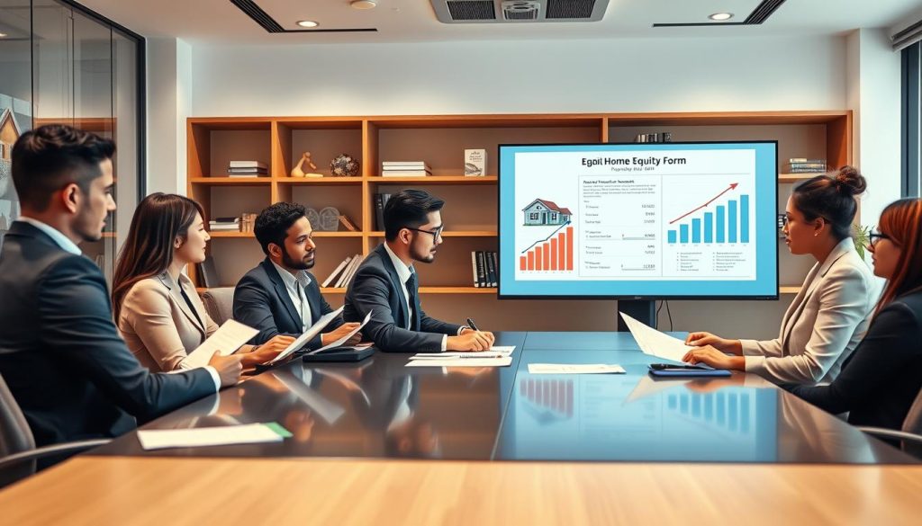 A professional office environment showcasing a home equity loan application process. In the foreground, a diverse group of individuals in smart business attire is seated around a modern conference table, reviewing documents and discussing details. The middle ground features a large monitor displaying a digital application form and graphs representing equity. In the background, a well-lit office space with house imagery and financial books on shelves creates a scholarly atmosphere. Soft, diffused lighting enhances a sense of professionalism and focus, while a wide-angle lens captures the collaborative nature of the scene. The overall mood is engaging and informative, reflecting a step-by-step application process for home equity loans.