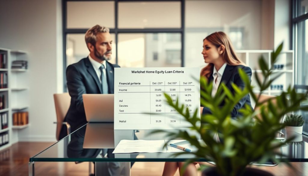 A professional office scene showcasing a financial advisor consulting with a couple in business attire about home equity loan criteria. In the foreground, the couple appears engaged and attentive, seated at a modern glass desk filled with financial documents and a laptop. The middle ground features a chart displaying income levels and debt-to-income ratios, partially obscured by a potted plant. The background reveals a well-lit office with shelves of financial books and a large window allowing natural light to create a warm, inviting atmosphere. The composition is composed from a slightly elevated angle, conveying a sense of professionalism and clarity, emphasizing the importance of understanding financial requirements.