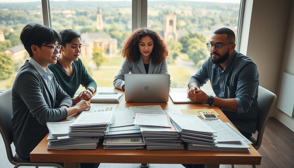 A serene and informative study environment depicting options for international student loans. In the foreground, a diverse group of three young adults—one Asian, one Black, and one Hispanic—dressed in smart casual clothing, are sitting around a table stacked with financial documents and a laptop. In the middle, an array of loan brochures and calculators is scattered across the table, showing various loan amounts and interest rates. In the background, a large window overlooks a picturesque university campus, bathed in soft morning light that creates a warm, inviting atmosphere. The lens is slightly wide-angled to capture the depth of the scene, emphasizing collaboration and discussion. The overall mood is focused and optimistic, reflecting hope and determination for studying abroad.