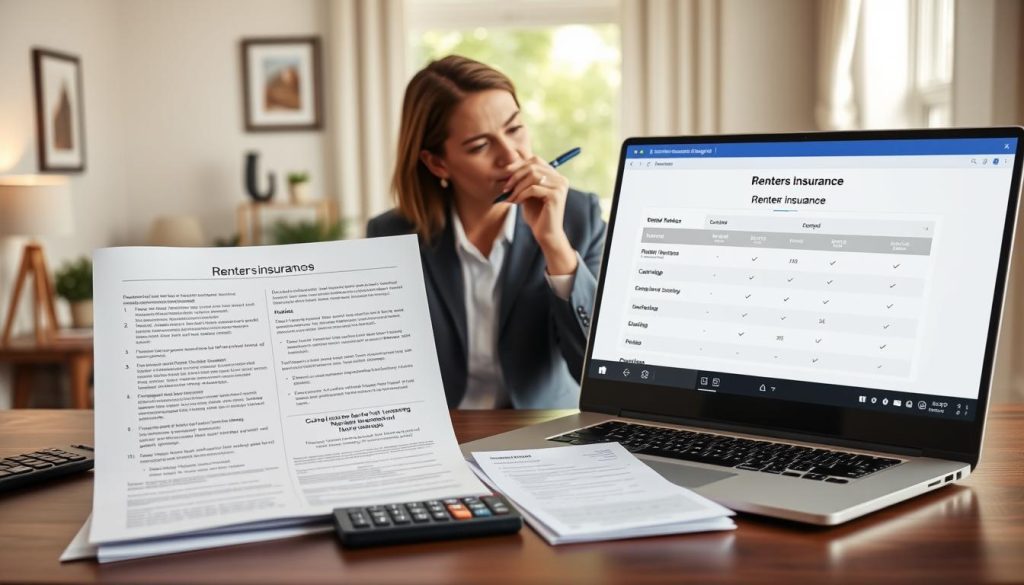 A split-screen comparison of two renters insurance policies displayed on a stylish, modern home office desk. In the foreground, detailed policy documents are neatly organized, showing key benefits and coverage options, with a calculator and a laptop displaying an insurance comparison website. The middle layer features a thoughtful individual in professional business attire, examining the documents with a pen in hand, looking engaged and focused. The background shows a cozy, well-decorated living space, emphasizing the idea of a rental home. Soft, natural lighting pours in through a window, creating an inviting atmosphere that inspires security and thoughtful decision-making. The entire image should evoke a sense of professionalism, clarity, and the importance of making informed choices about renters insurance.