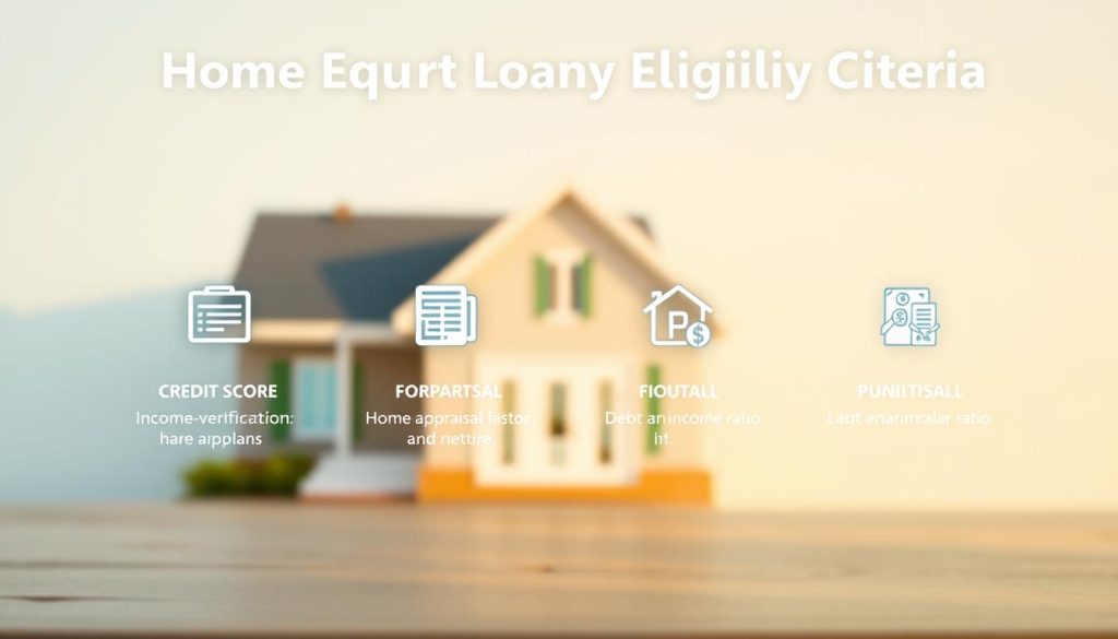 A visually appealing infographic illustrating home equity loan eligibility criteria. In the foreground, display simplified icons representing key qualifications such as credit score, income verification, home appraisal, and debt-to-income ratio, all in a cohesive, attractive layout. The middle layer features a subtle background of a modern home and financial documents, ensuring focus remains on the foreground details. The background consists of a soft gradient transitioning from warm blue to light gold, creating a calm and informative atmosphere. Use soft, natural lighting to enhance the professionalism of the composition. Create a balanced perspective, capturing a wide-angle view that invites the viewer to engage with the information presented. The overall mood should be informative, professional, and inviting, suitable for an educational context on loan requirements.