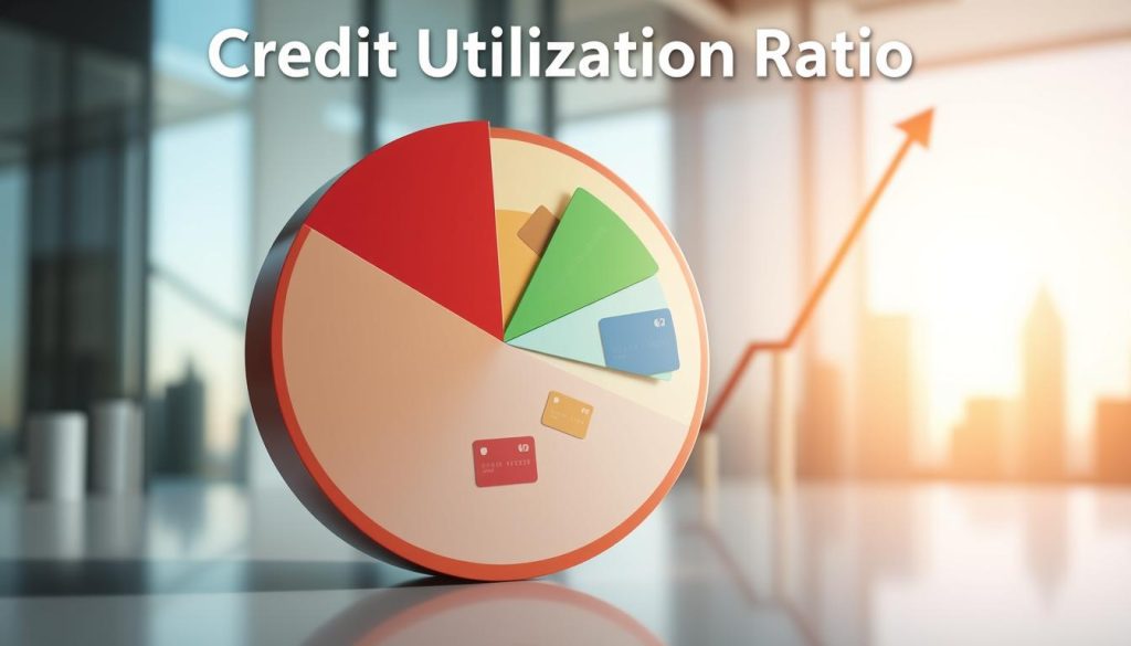 A visually appealing infographic representing the concept of "credit utilization ratio." In the foreground, show a large, stylized pie chart divided into segments illustrating different credit utilization levels, with colors ranging from red to green. The middle layer features illustrations of credit cards, with some partially filled to indicate utilization. The background should include soft, blurred silhouettes of financial buildings to convey a business environment. Use bright, natural lighting to give a sense of clarity and optimism, and incorporate an upward trend line subtly integrated into the design, symbolizing financial improvement. Aim for a modern, professional atmosphere that resonates with the theme of enhancing credit.