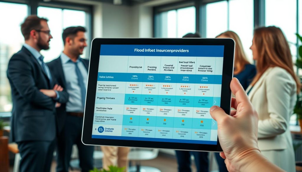 A visually compelling comparison chart of flood insurance providers showcased on a sleek digital tablet, positioned prominently in the foreground. The chart features clearly delineated sections with bright colors and icons representing different insurance features such as coverage limits, premiums, and customer reviews. In the middle ground, a diverse group of professionals, dressed in business attire, engage in discussion, analyzing the information together. The background highlights a cozy office setting with large windows allowing soft natural light to illuminate the scene, creating an atmosphere of collaboration and informed decision-making. Use a slightly elevated angle to emphasize both the tablet and the engaged group of professionals, capturing the seriousness of their conversation while maintaining a friendly mood.