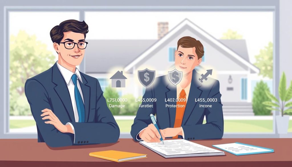 A visually engaging illustration depicting various types of landlord insurance coverage, including property damage, liability protection, and loss of rental income. In the foreground, show a confident, professional-looking landlord in business attire, discussing insurance options with an insurance agent, highlighting a detailed insurance policy document on the table. In the middle, include visual representations of insurance coverage types: icons or symbols like a house, shield, and dollar sign, each one with a subtle glow to draw attention. The background can feature a well-maintained rental property, giving a sense of security and professionalism. Use bright, natural lighting to create an open and inviting atmosphere, while maintaining a clean composition that emphasizes the importance of safeguarding rental investments.