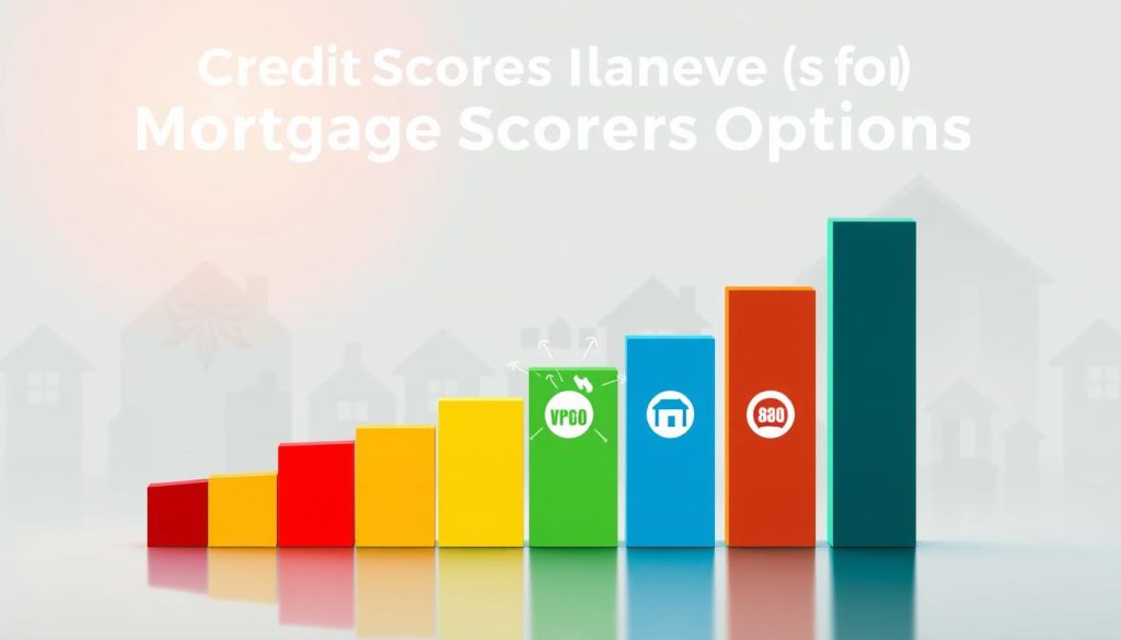 A visually engaging infographic displaying the credit score ranges relevant for mortgage options. In the foreground, depict a colorful bar graph with clearly segmented ranges: Poor (300-579), Fair (580-669), Good (670-739), Very Good (740-799), and Excellent (800+). Each segment should be color-coded for easy identification. In the middle, include icons representing mortgage types like conventional, FHA, and VA loans, illustrating the link between credit scores and available mortgage options. The background features a subtle financial theme, perhaps with faint silhouettes of houses or key financial symbols. Use bright, inviting lighting to create an optimistic atmosphere, and a slight tilt on the graph to add dynamism. The image should have a clean, professional look without any text or logos.