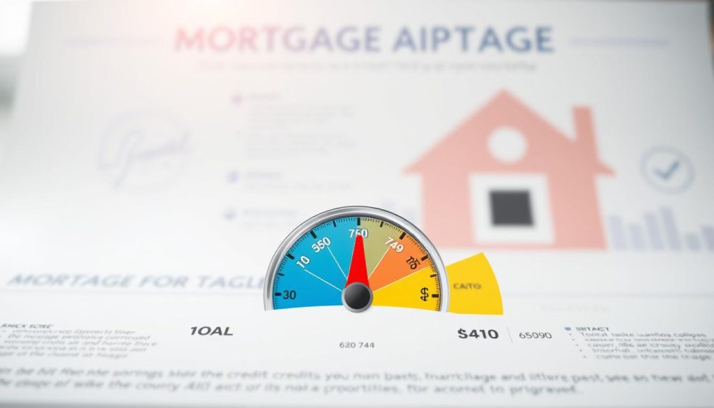 A visually engaging infographic illustrating a credit score range for mortgage approval, featuring a clear gradient scale from poor (300-579) to excellent (740-850) scores. In the foreground, present a stylized gauge or dial that displays a pointer indicating the ideal score range for mortgage eligibility (620-740). In the middle, incorporate colorful segments or bars representing different credit score categories, with corresponding icons (e.g., a house, bank, and check mark) to symbolize mortgage readiness. The background should include a subtle financial theme, perhaps with faint images of homes or abstract geometric shapes, giving an organized but dynamic feel. Use bright yet soft lighting to enhance clarity and ensure the atmosphere is informative and encouraging, evoking a sense of progress and improvement. The perspective should be slightly angled to create depth, making the infographic visually compelling.