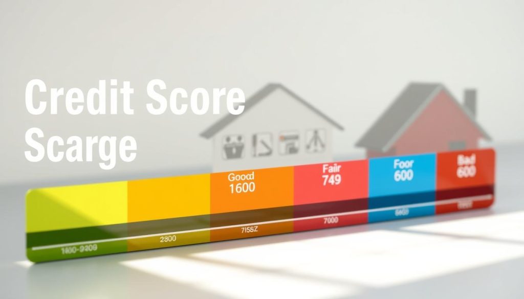 A visually engaging infographic illustrating the credit score range for mortgages, featuring a gradient scale showing different credit score brackets: Excellent (750-850), Good (700-749), Fair (650-699), Poor (600-649), and Bad (below 600). In the foreground, emphasize each range with distinct colors and shading to create clarity. The middle section should include icons representing different mortgage types and a subtle background of a stylized house silhouette or key imagery that relates to home ownership. Soft, natural lighting should illuminate the illustration, providing a professional and inviting atmosphere. Use a slight angle to add depth, making the image visually appealing and easy to interpret for readers.