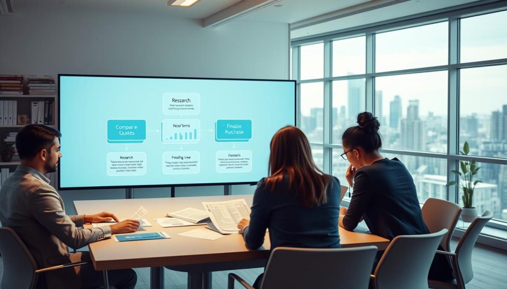 A visually engaging scene depicting the step-by-step process of purchasing a landlord insurance policy. In the foreground, a diverse group of three individuals dressed in professional business attire is seated around a modern conference table, analyzing insurance documents and charts. The middle ground features a digital display screen showing a flowchart with stages such as "Research," "Compare Quotes," "Read Terms," and "Finalize Purchase." The background includes a well-lit office space with bookshelves filled with real estate and insurance guides, along with a large window revealing a city skyline. The atmosphere is focused and professional, with soft, natural lighting to enhance clarity and organization. The perspective is slightly angled, creating depth and inviting the viewer into the scene.