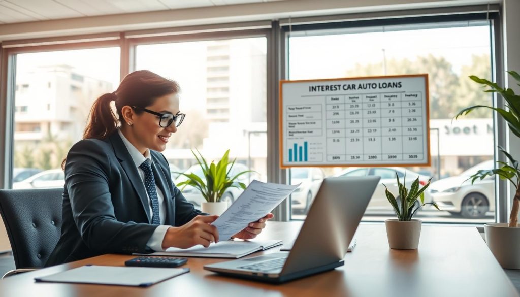 A visually engaging scene illustrating the concept of low interest auto loans. In the foreground, a professional-looking individual dressed in business attire, thoughtfully reviewing car loan documents at a desk, with a calculator and a laptop displaying interest rates. In the middle, a well-lit, organized office space showcasing a bulletin board with charts comparing different auto loan rates and a potted plant adding a touch of life. In the background, a large window reveals a sunny urban landscape with cars parked outside, symbolizing the car buying process. The overall atmosphere should be optimistic and encouraging, highlighting the importance of making informed decisions when shopping for auto loans. Soft, natural lighting should enhance the clarity and focus of the scene, shot from a slightly elevated angle to capture all elements effectively.