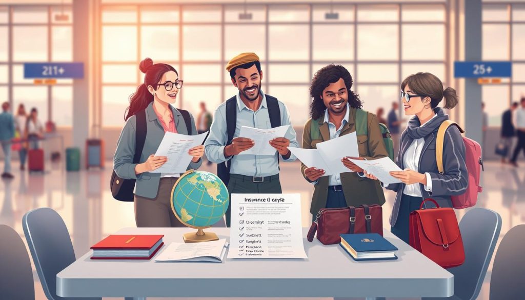 A visually striking illustration depicting comprehensive travel insurance coverage. In the foreground, a diverse group of three travelers in modest casual clothing, each holding documents symbolizing various insurance plans, are discussing with enthusiasm. The middle layer features a neatly arranged table with travel-related items like passports, a globe, and a checklist of insurance types, suggesting organization and preparedness. The background showcases a serene travel scene, such as an airport check-in area with soft lighting filtering through large windows, creating a warm atmosphere. The composition evokes a sense of security and peace of mind, ideal for understanding the benefits of travel insurance. The overall mood is optimistic and professional, emphasizing informed decision-making in a travel context.