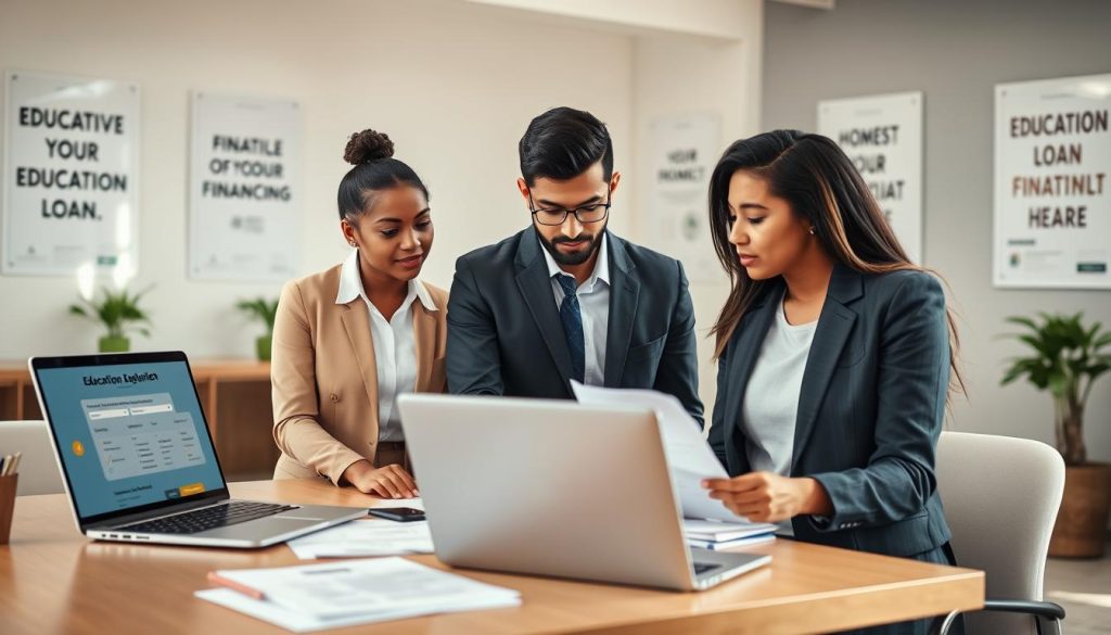 A well-lit, modern office setting serves as the backdrop, featuring a large desk with neatly organized paperwork and a laptop displaying a loan application website. In the foreground, a diverse group of three young professionals, dressed in smart business attire, engage in a collaborative discussion about the education loan application process. One person is pointing at a checklist, while another takes notes. The atmosphere is focused and encouraging, with motivational posters about education financing on the walls. Natural light streams through a window, creating a warm and inviting ambiance. The image should have a slight depth of field, emphasizing the group while softly blurring the background, illustrating a sense of teamwork and professionalism.