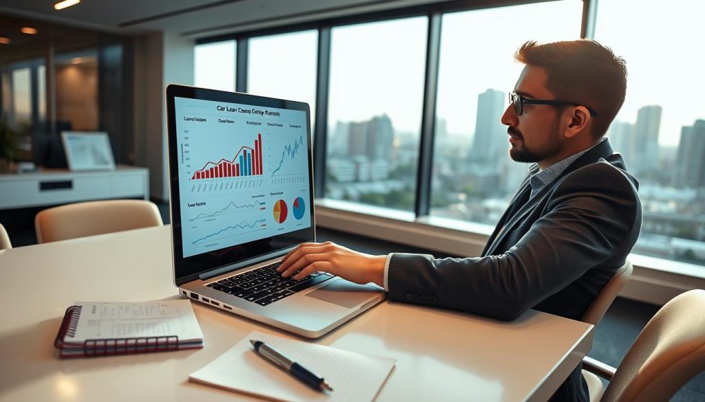 A well-lit office setting, showcasing a modern desk with a laptop open, displaying car loan comparison charts and graphs. In the foreground, a professional-looking person, dressed in business attire, intently examining the data on the screen, with a thoughtful expression. Alongside, a notepad filled with notes and a pen, emphasizing the analytical process of comparing loan offers. In the background, a large window showing a cityscape bathed in warm, natural light, creating an inviting atmosphere. The overall mood is focused and professional, capturing the essence of careful financial decision-making while conveying clarity and insight into auto loan offers.