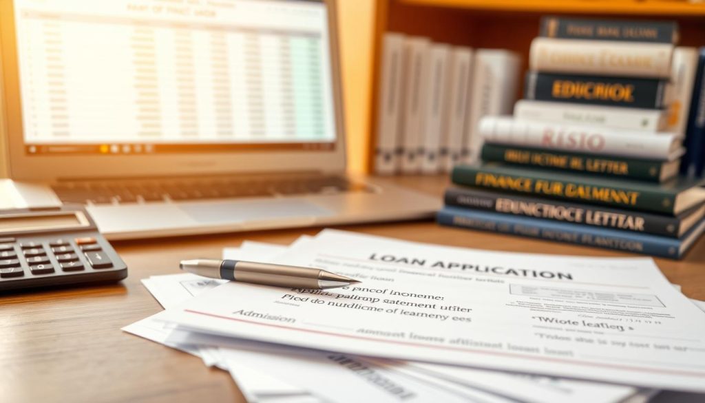 A well-organized desk scene capturing essential documents for an education loan application. In the foreground, a neat stack of papers including a loan application form, proof of income statement, admission letter, and identification documents. To the left, a professional-looking calculator and a stylish pen add an academic vibe. In the middle background, a laptop screen shows a spreadsheet with financial figures. The setting is warmly lit, conveying a sense of hope and professionalism. Books about financial planning and education can be seen on a shelf in the background, hinting at a studious environment. Use a soft-focus effect to emphasize the documents and create a serene atmosphere, inviting readers to reflect on their educational financing journey.