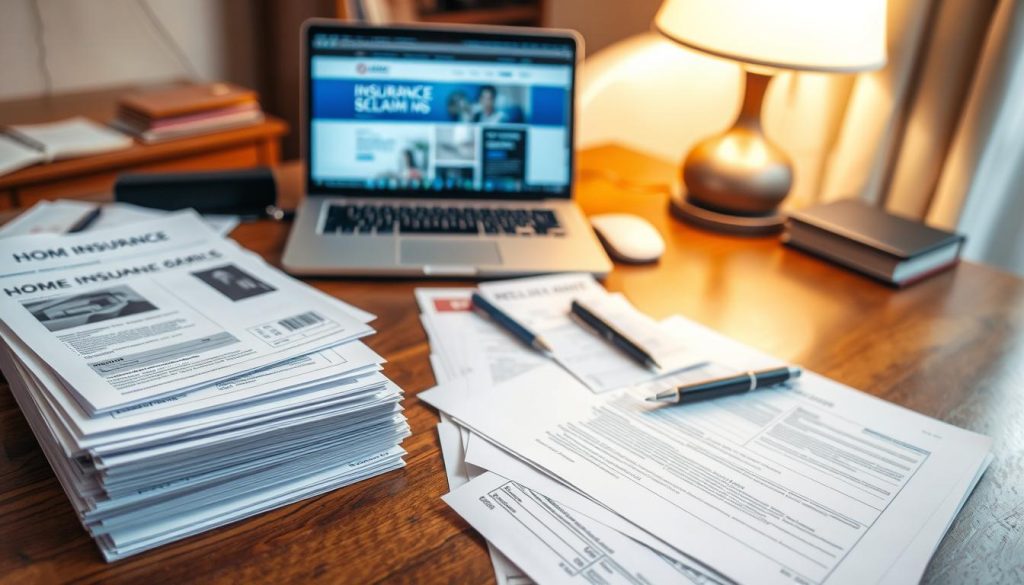 A well-organized home office desk showcasing various home insurance claim documentation. In the foreground, a neatly arranged stack of papers, including claim forms, photographs of damage, and receipts, all in clear view. The middle ground features a laptop open to an insurance website, with a notepad and pen placed beside it for notes. In the background, a cozy room with a soft-lit lamp casting a warm glow, creating a focused and professional atmosphere. The lighting is soft and even, highlighting the textures of the papers and the polished wooden desk. The mood is calm and orderly, evoking a sense of diligence and attention to detail in the claims process.