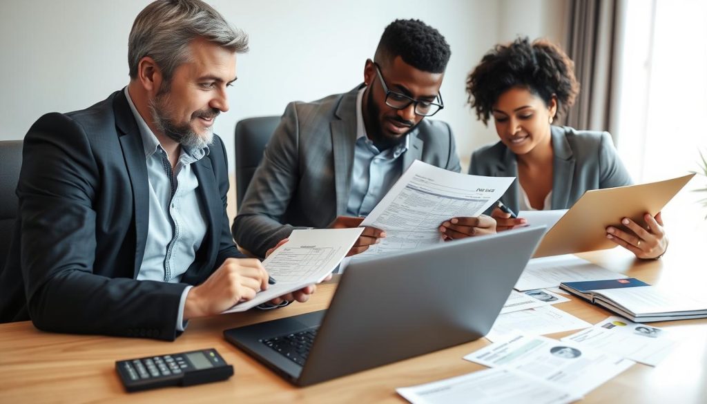 A well-organized office setup featuring a diverse group of three professionals, two men and one woman, preparing for a car loan consultation. In the foreground, one man is reviewing financial documents and checking credit scores on a laptop, while the woman takes notes with a pen and notepad. The middle section shows a desk cluttered with paperwork, brochures about car loans, and a calculator, reflecting focus and diligence. In the background, a soft-focus window lets in natural light, enhancing the calm yet serious atmosphere of planning and preparation. The professionals are dressed in smart business attire, exuding confidence and determination. The image should convey a sense of urgency and focus, capturing the essence of taking proactive steps to improve the chances of securing a car loan.